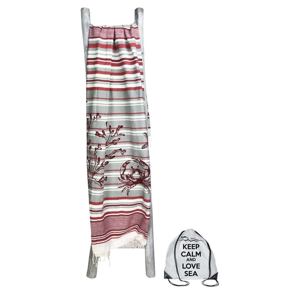 STRANDTUCH FOUTA KRABBE Rot Größe LARGE mit Rucksack Strand KEEP CALM CM.100X200