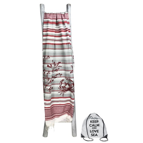 SERVIETTE de plage FOUTA CRABE Rouge de GRANDE taille, sac de Plage, GARDEZ votre CALME CM.100X200