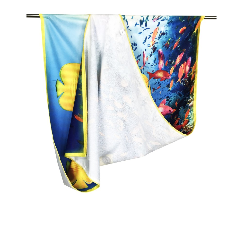 Serviette de plage poisson jaune tropical, grande taille 90 x 170 cm.