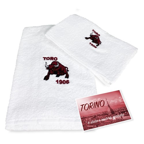 COPPIA ASCIUGAMANI ricamati TORO 1906  e cartolina TORINO È