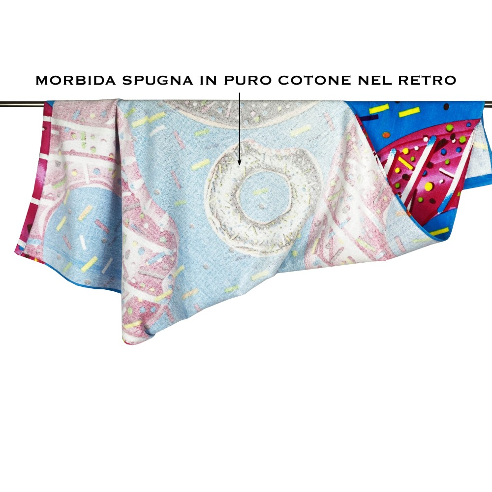 FOTO FROTTEE HANDTUCH GROSS CM.80x160 DONUTS BLAU und KEEP CALM und LOVE SEA Sack