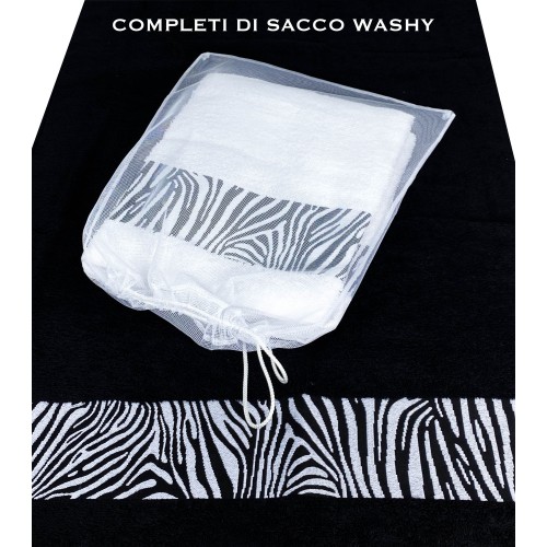 SET ASCIUGAMANI spugna JACQUARD 1+1 VISO e ospite ZEBRATO bianco e SACCO WASHY