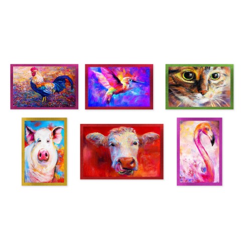 6 PIECES SET PAINTED ANIMALS tea towel in pure cotton printed in HIGH definition MAXI size