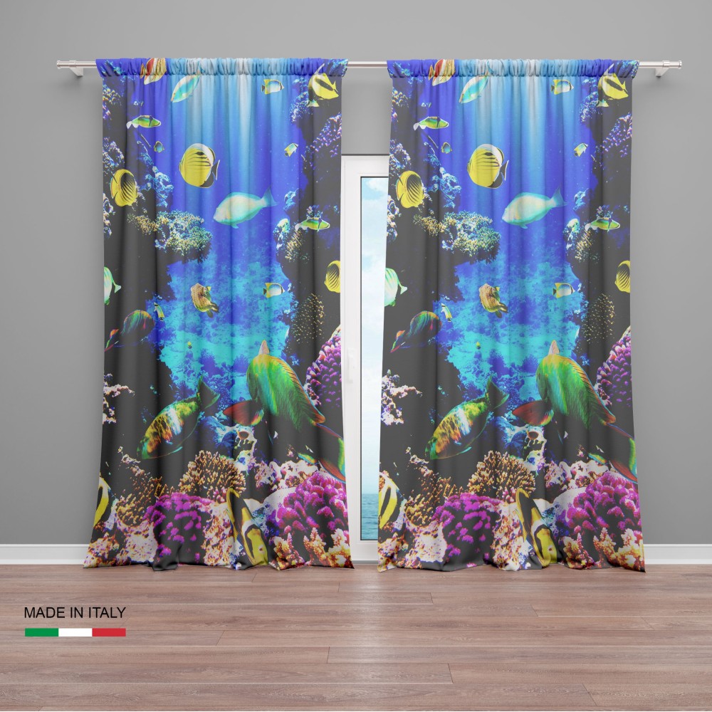 FISH TENT and CORAL REEF cm.160X300 made MADE in ITALY linen blend