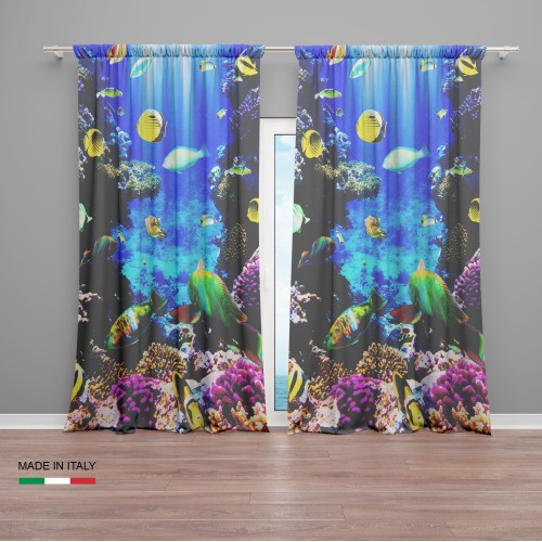 RIDEAUX poissons et RÉCIF CORAIL cm.160x300 emballé MADE in ITALY mélange de lin