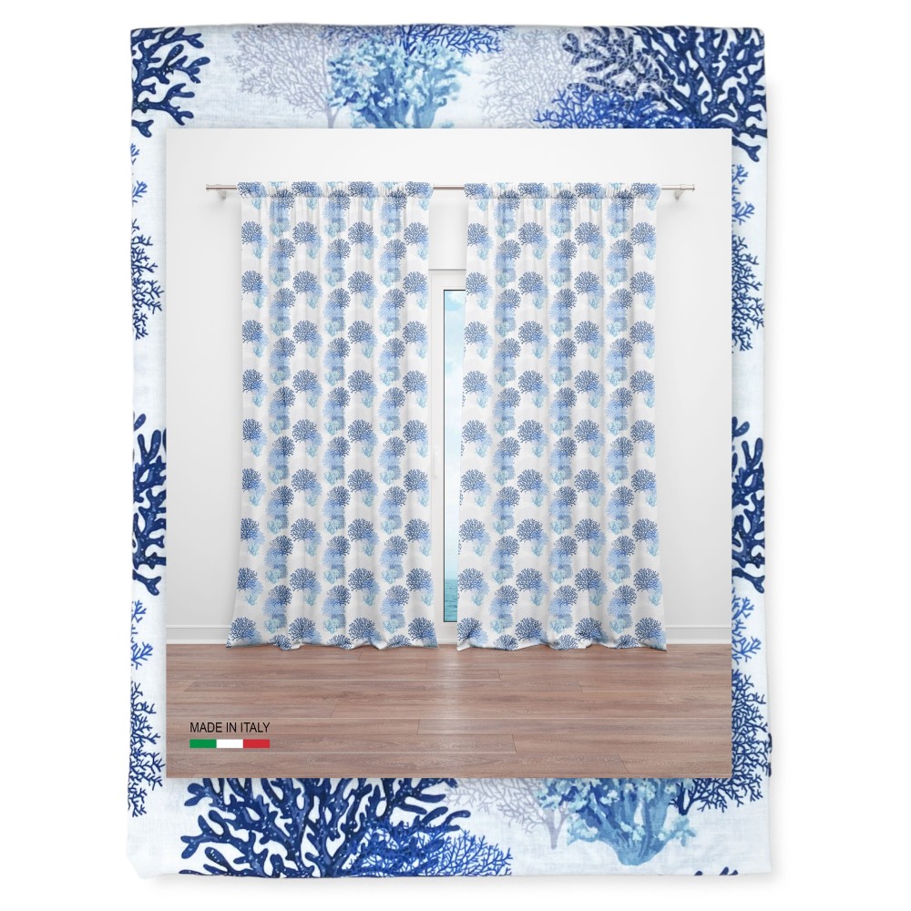 tenda con coralli sul blu e soggetti marini azzurri e blu