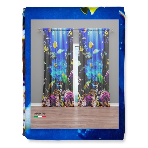 RIDEAUX poissons et RÉCIF CORAIL cm.160x300 emballé MADE in ITALY mélange de lin