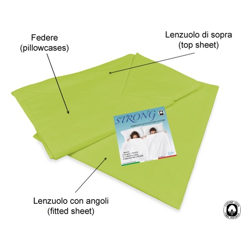 LAKEN-SET STRONG SHEETS einfarbig ACID GREEN reine BAUMWOLLE Made in Italy
