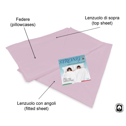 JUEGO DE SÁBANAS SÁBANAS FUERTES color liso ROSA ALGODÓN puro Hecho en Italia
