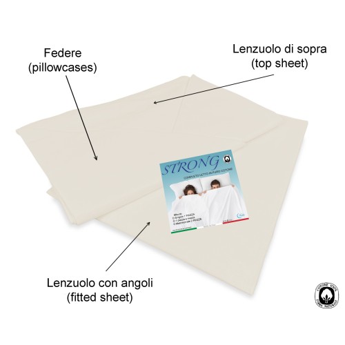 COMPLETO lenzuolo STRONG LENZUOLA tinta unita PANNA puro COTONE Made in Italy