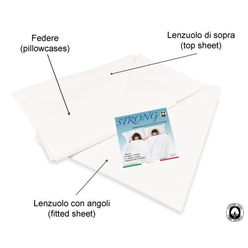COMPLETO lenzuolo STRONG LENZUOLA tinta unita BIANCO puro COTONE Made in Italy
