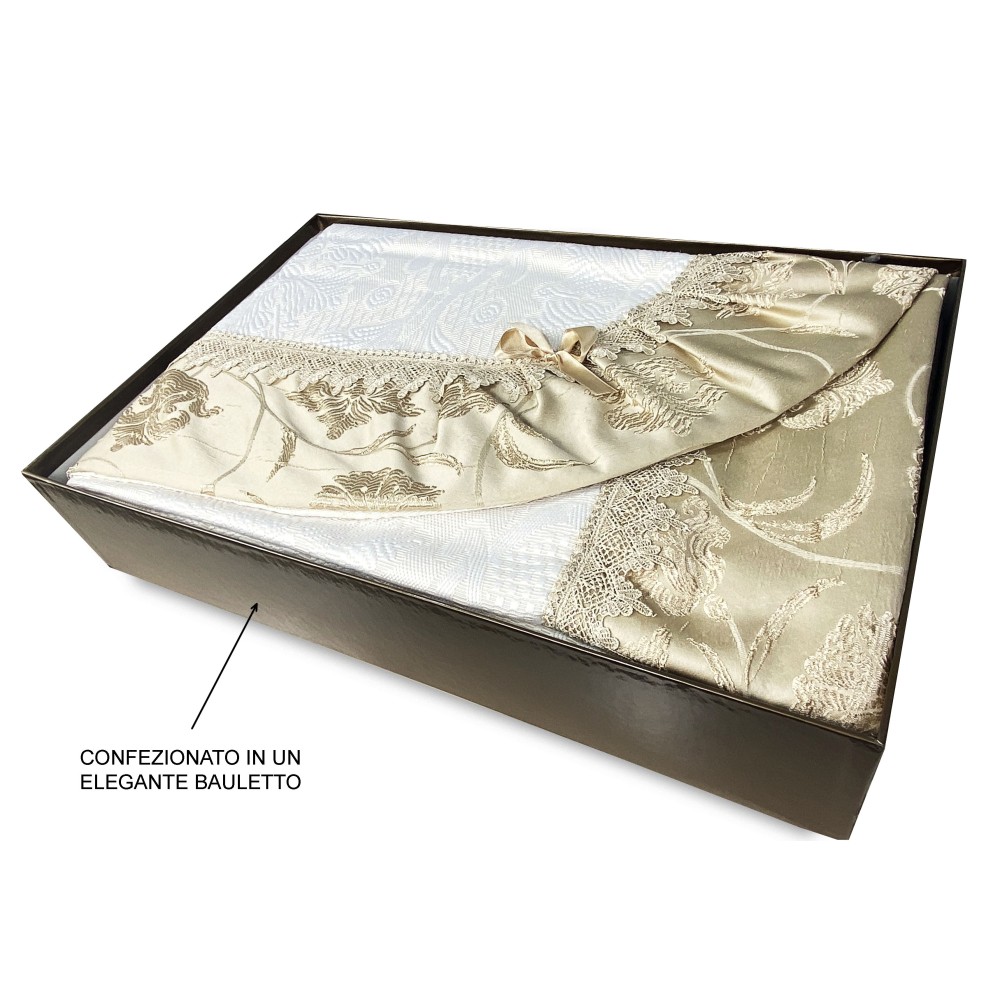 COLCHA CON CAMA DOBLE DE RASO DORADO IDEA WEDDING