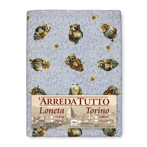 TELO ARREDO copritutto GRAN FOULARD COPRILETTO copridivano tessuto DIGITY GUFI gufetti grigio in puro cotone