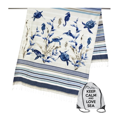 TOILE MARE fouta TARTARUGHE mesure GRANDE avec sac à dos Plage KEEP CALM CM.100X200