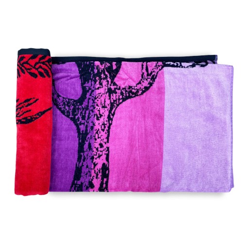 STRANDTUCH aus reinem Baumwollfrottee TREE OF LIFE RED und PURPLE Größe Large cm. 90 X 170 und Strandrucksack