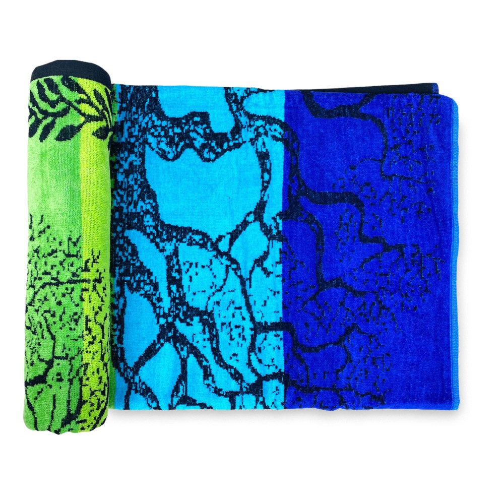 STRANDTUCH aus reinem Baumwollfrottee TREE OF LIFE BLUE und GREEN Größe Large cm. 90 X 170 und Strandrucksack