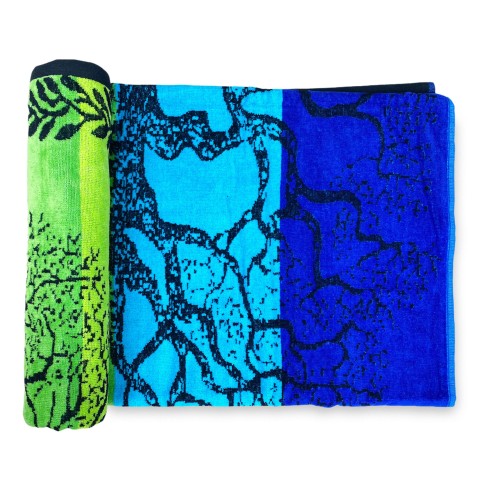 STRANDTUCH aus reinem Baumwollfrottee TREE OF LIFE BLUE und GREEN Größe Large cm. 90 X 170 und Strandrucksack
