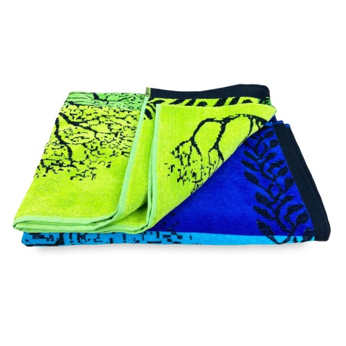 BEACH TOWEL in pure cotton terry TREE OF LIFE BLUE and GREEN size large cm. 90 X 170 and beach backpack