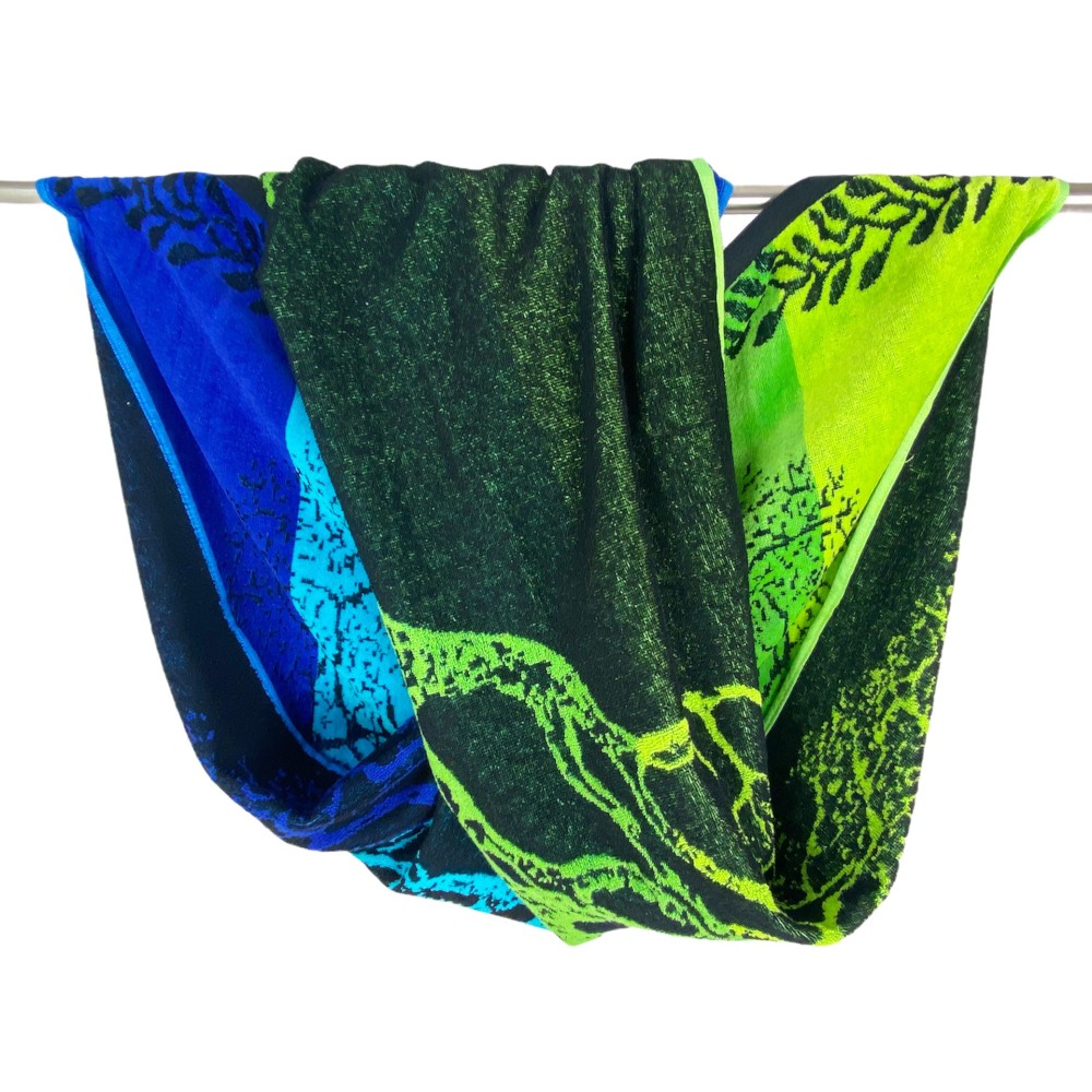BEACH TOWEL in pure cotton terry TREE OF LIFE BLUE and GREEN size large cm. 90 X 170 and beach backpack