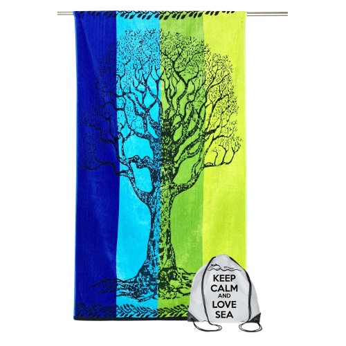 STRANDTUCH aus reinem Baumwollfrottee TREE OF LIFE BLUE und GREEN Größe Large cm. 90 X 170 und Strandrucksack