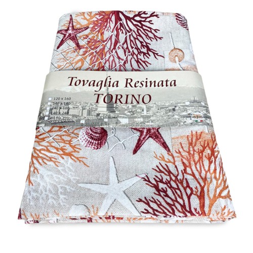 stain-resistant tablecloth RESINATA TORINO sea MARINO corals RED