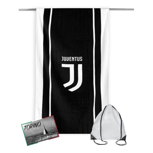 BEACH TOWEL SPORT JUVE LETTERED Maße CM.70X140 original JUVENTUS MIT RUCKSACK, HANDTUCHHALTER und Postkarte TORINO IS