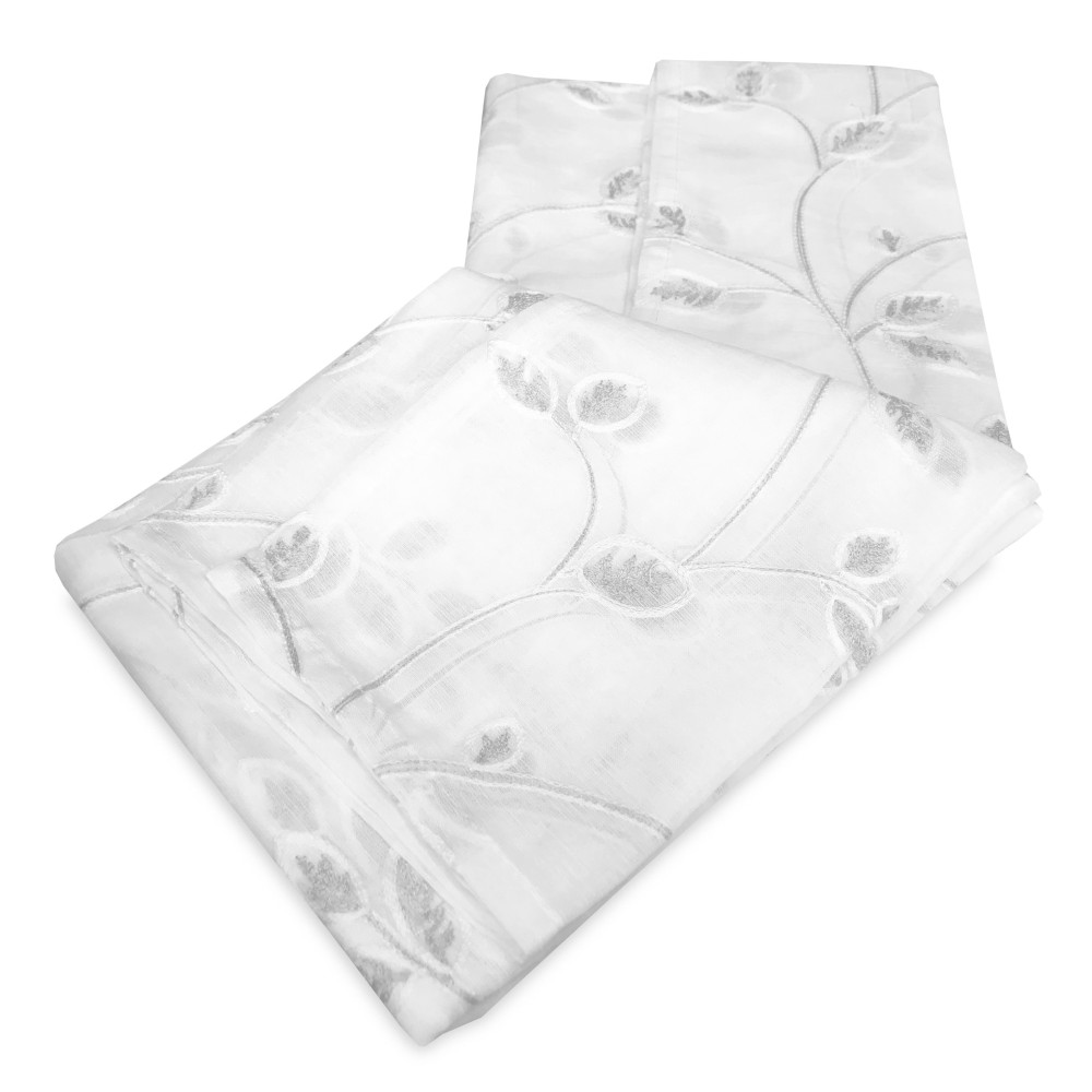 PAIR OF GREY EMBROIDERED LEAF GLASS CURTAIN