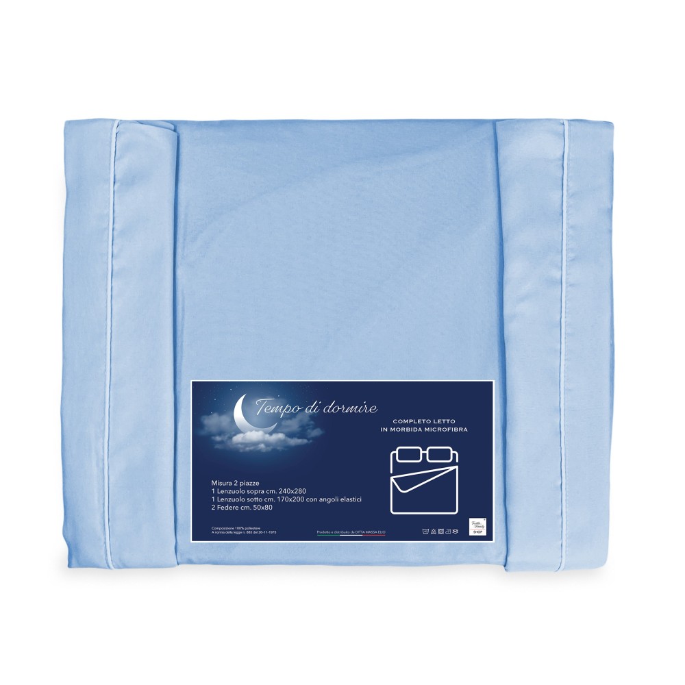 SHEET SET in soft microfiber SOLID BLUE 2-SQUARE double bed no iron