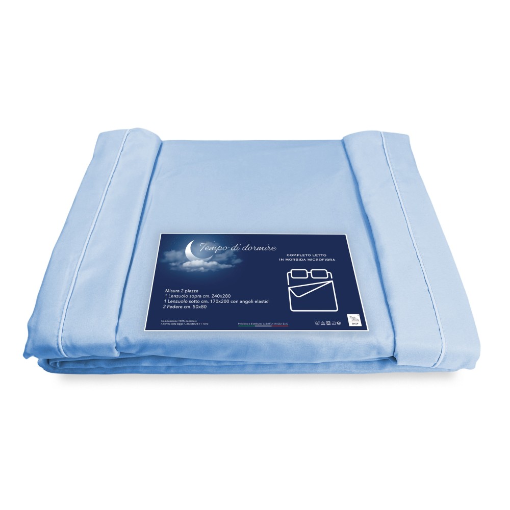 SHEET SET in soft microfiber SOLID BLUE 2-SQUARE double bed no iron