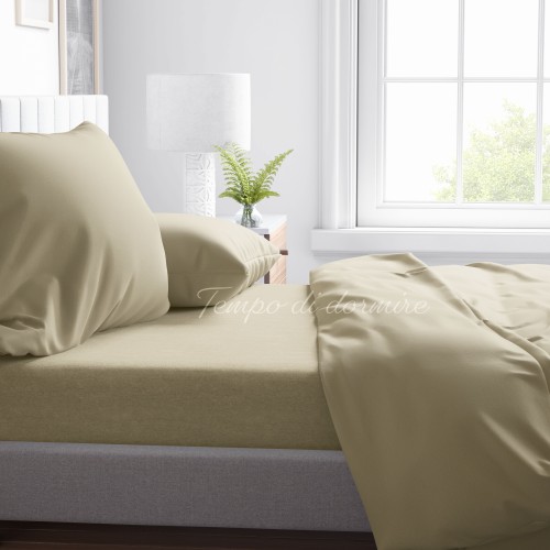 SHEET SET in soft microfiber SOLID BEIGE Double 2 SQUARES no iron