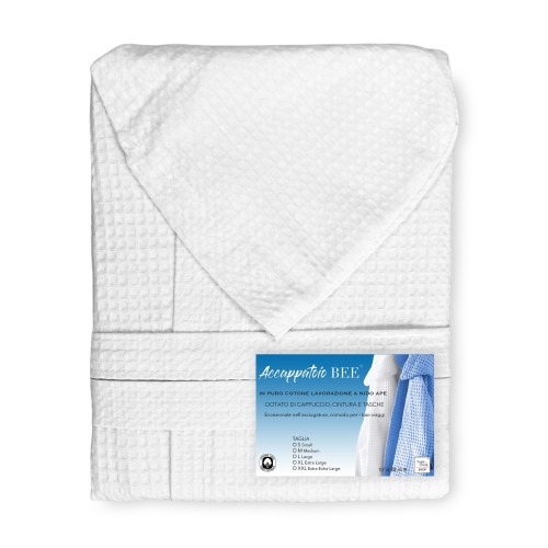 BIENENNEST© Bademantel aus reiner Baumwolle mit Kapuze für Erwachsene WEISS