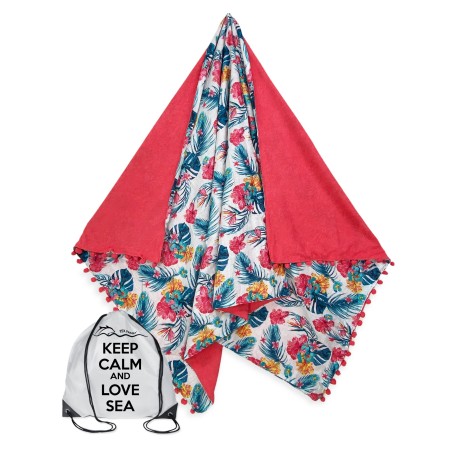 Kikoy beach towel with tropical leaves on pink