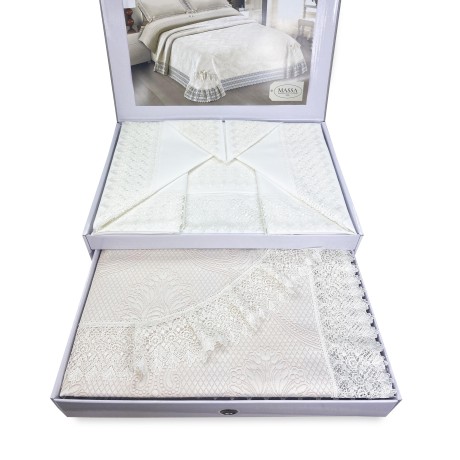 matching satchel, sheet and bedspread, finished with macramé trimmings