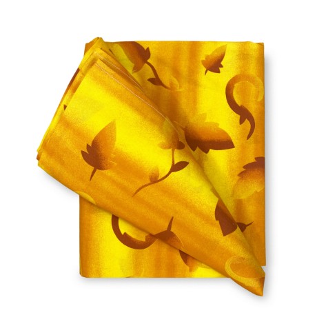 yellow leaf printed fabric on a gradient background