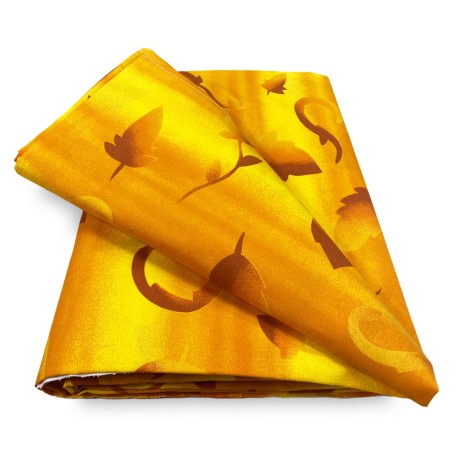 yellow leaf printed fabric on a gradient background