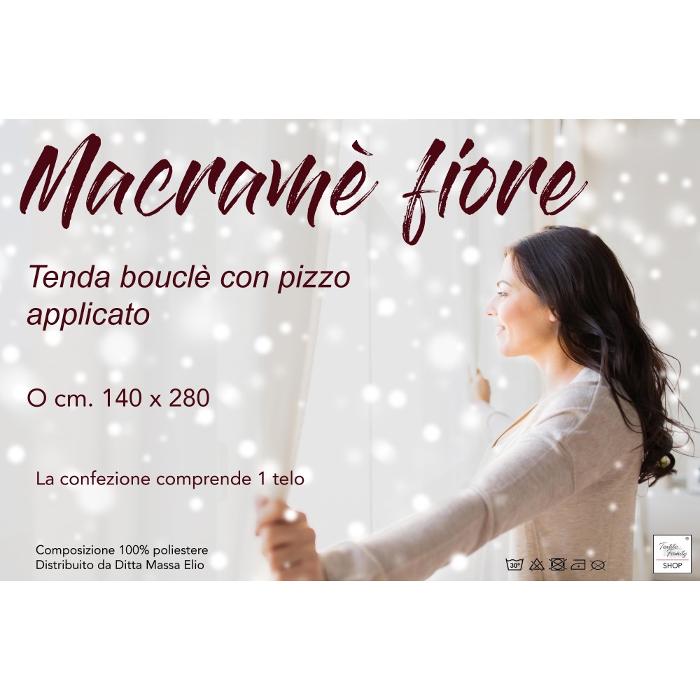 GRAUER MAKRAMEE-VORHANG MIT BLUMENSPITZE CM.140X280