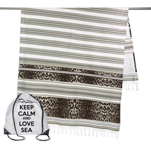 TELO MARE fouta LEOPARDATO misura GRANDE con zaino Spiaggia KEEP CALM CM.100X200