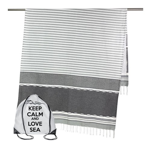 TOALLA DE PLAYA fouta BOY GRIS talla GRANDE con Mochila de playa KEEP CALM CM.100X200