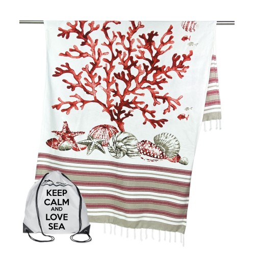 TOALLA DE PLAYA FOUTA CORAL ROJO talla GRANDE con mochila de playa KEEP CALM CM.100X200