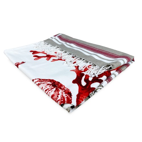 TOALLA DE PLAYA FOUTA CORAL ROJO talla GRANDE con mochila de playa KEEP CALM CM.100X200