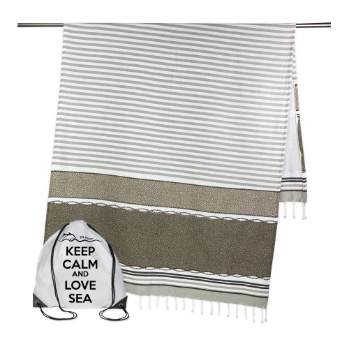 TOALLA DE PLAYA fouta BOY BEIGE talla GRANDE con Mochila de playa KEEP CALM CM.100X200