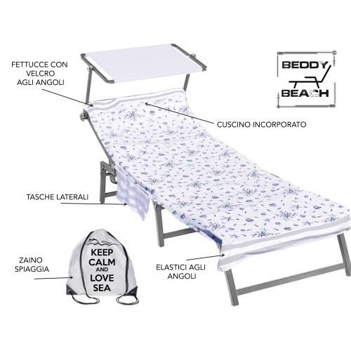 TELO MARE fouta LETTINO PESCI BEIGE in cotone BEDDY BEACH © CON TASCHE MISURA CM. 75 X 195 e zaino SPIAGGIA