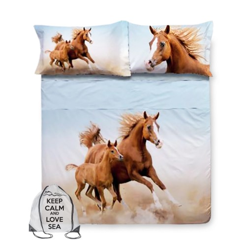 DIGITAL PRINTED BEDSPREAD SHEET SET RACING HORSES with KEEP DOUBLE 2 square bag