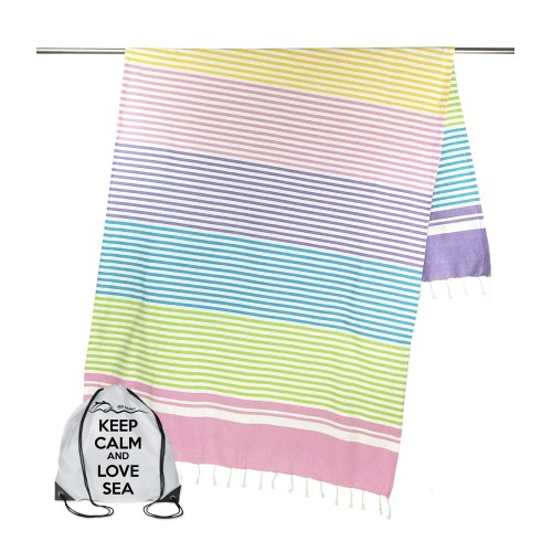 BEACH TOWEL fouta COLORED STRIPES size LARGE with Beach backpack KEEP CALM CM.100X200