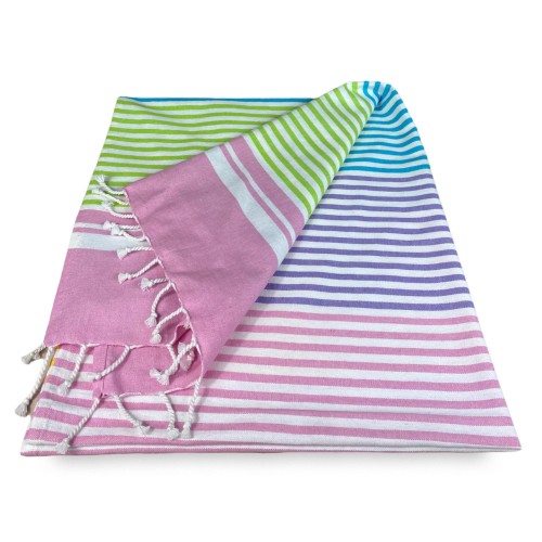TELO MARE fouta RIGHE COLORATE misura GRANDE con zaino Spiaggia KEEP CALM CM.100X200