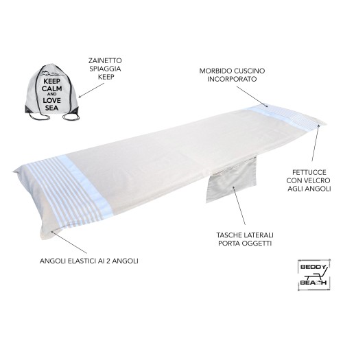 SERVIETTE DE PLAGE FOUTA LIT ALVIN BEIGE coton BEDDY PLAGE © AVEC POCHES TAILLE CM. 75 X 195 et sac à dos de plage