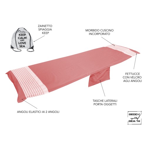 SERVIETTE DE PLAGE FOUTA ALVIN COTON ROUGE BEDDY PLAGE © AVEC POCHES TAILLE CM. 75 X 195 et sac à dos de plage