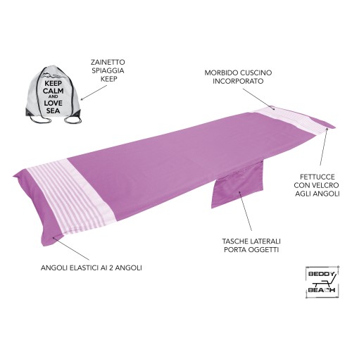 TOALLA DE PLAYA FOUTA ALVIN CAMA DE PLAYA DE ALGODÓN © FUCSIA CON BOLSILLOS TAMAÑO CM. Mochila 75 X 195 y BEACH