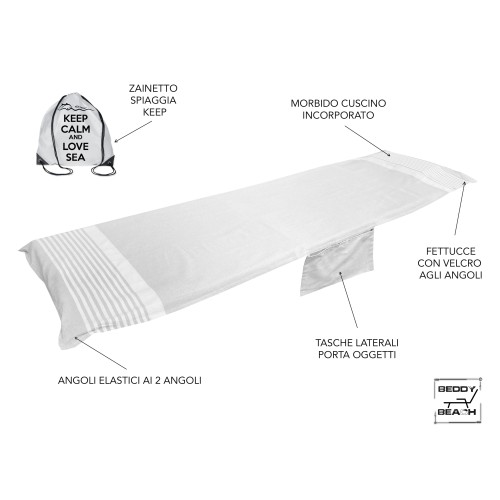 TELO MARE fouta LETTINO ALVIN GRIGIO in cotone BEDDY BEACH © CON TASCHE MISURA CM. 75 X 195 e zaino SPIAGGIA