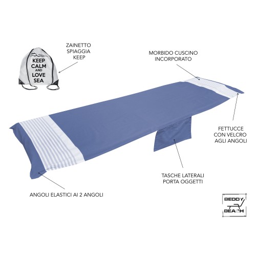 TELO MARE fouta LETTINO ALVIN BLU in cotone BEDDY BEACH © CON TASCHE MISURA CM. 75 X 195 e zaino SPIAGGIA